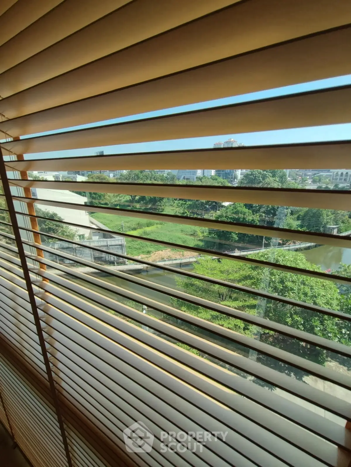 Scenic view through window blinds overlooking lush greenery and urban landscape.