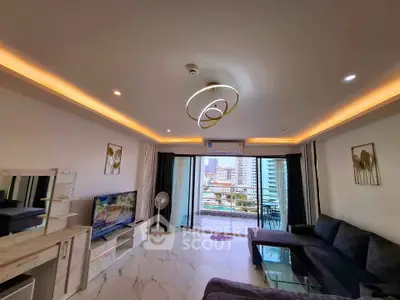 Modern living room with city view and stylish lighting