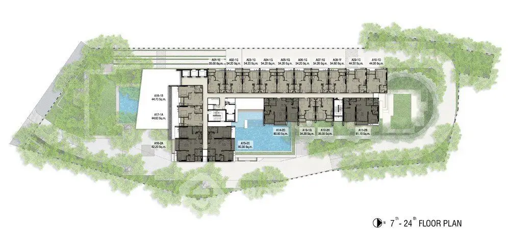 Detailed floor plan of a modern residential building with lush greenery.