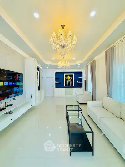 Luxurious living room with elegant chandeliers and modern decor