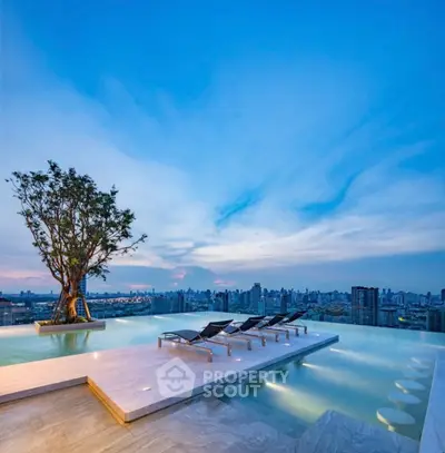 Luxurious rooftop infinity pool with stunning city skyline view at sunset.