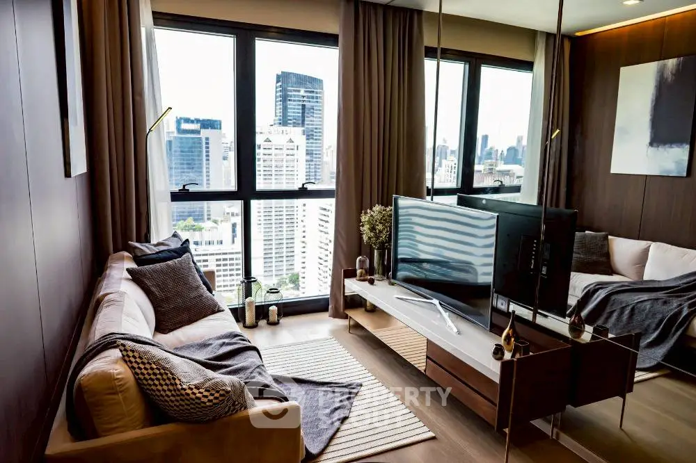 Stylish modern living room with city view, featuring cozy seating and elegant decor.