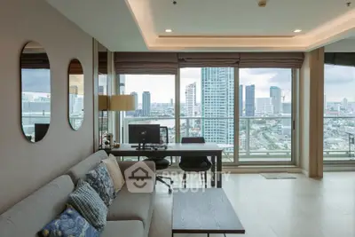 Modern living room with stunning city view and stylish decor