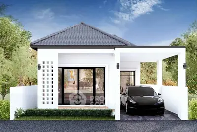 Modern single-story home with sleek carport and lush greenery
