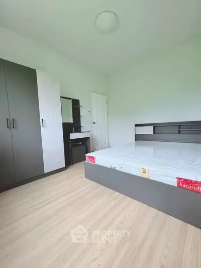 Spacious bedroom with modern furniture and natural light