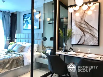 Modern bedroom with glass partition and elegant dining area, featuring stylish decor and ambient lighting.