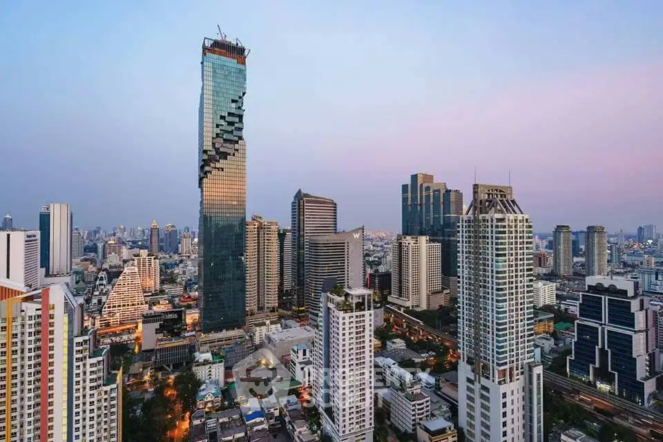 Stunning skyline view of modern skyscrapers in a bustling city center at dusk.