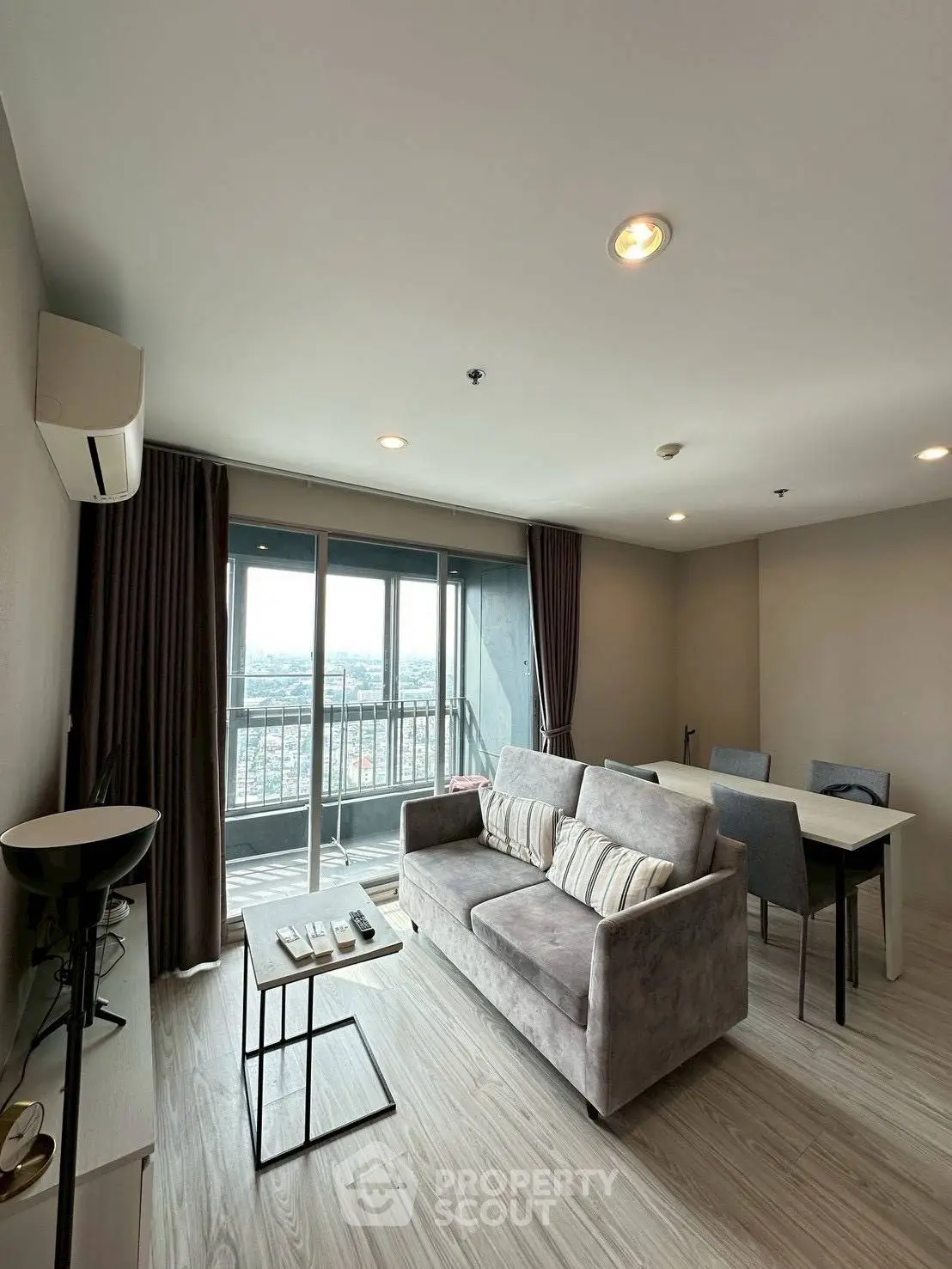 Modern living room with balcony view in a stylish apartment