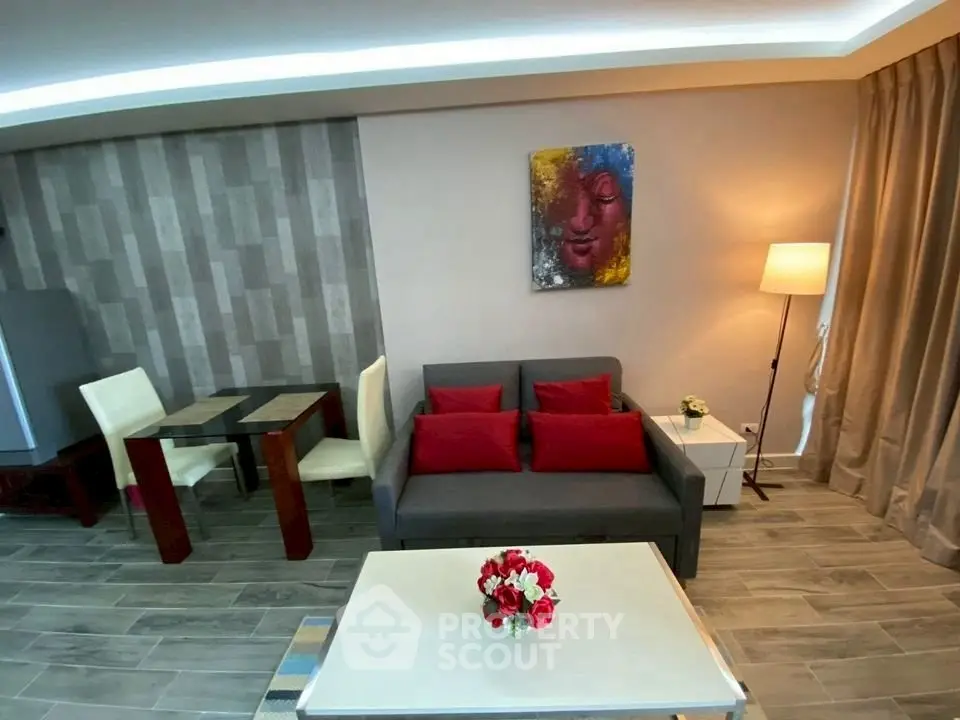 Modern living room with stylish decor and cozy seating area