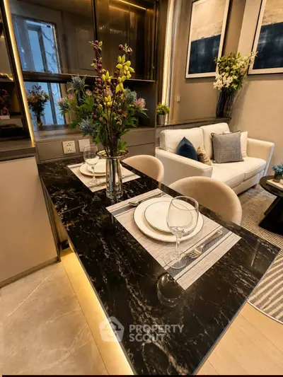Luxurious modern living room with elegant dining area and stylish decor