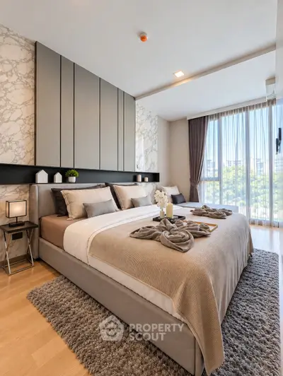 Luxurious modern bedroom with elegant decor and large window view