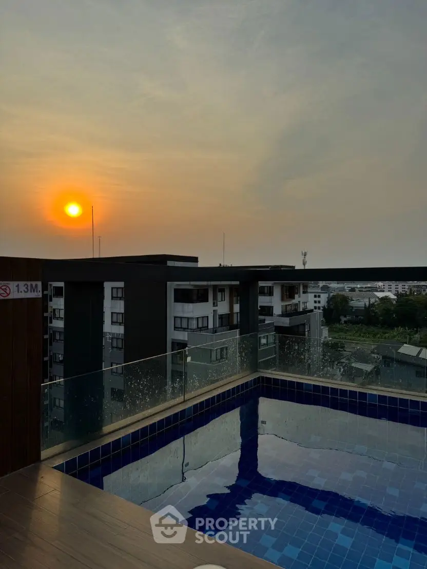 Stunning rooftop pool with sunset view in modern urban setting.