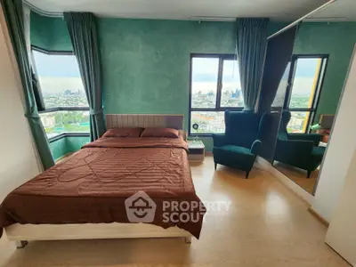 Modern bedroom with city view and stylish decor