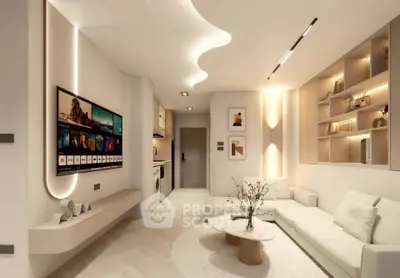Luxurious modern living room with elegant lighting and stylish decor, featuring a sleek TV setup and cozy seating area.