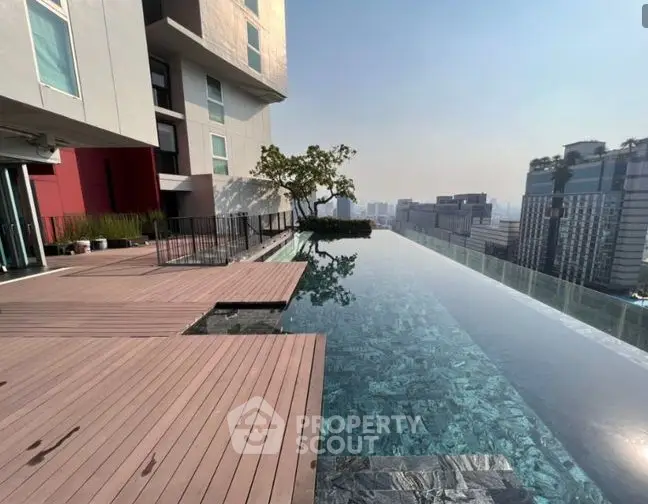 Stunning rooftop infinity pool with panoramic city views in modern high-rise building.