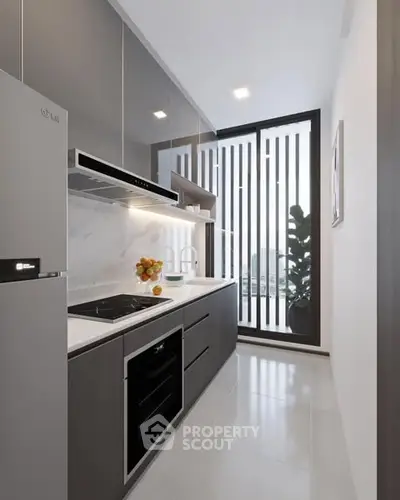 Modern kitchen with sleek appliances and city view, featuring open layout and stylish design.