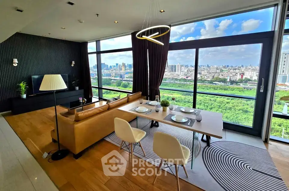 Luxurious living room with stunning city view, modern decor, and elegant dining area in high-rise apartment.