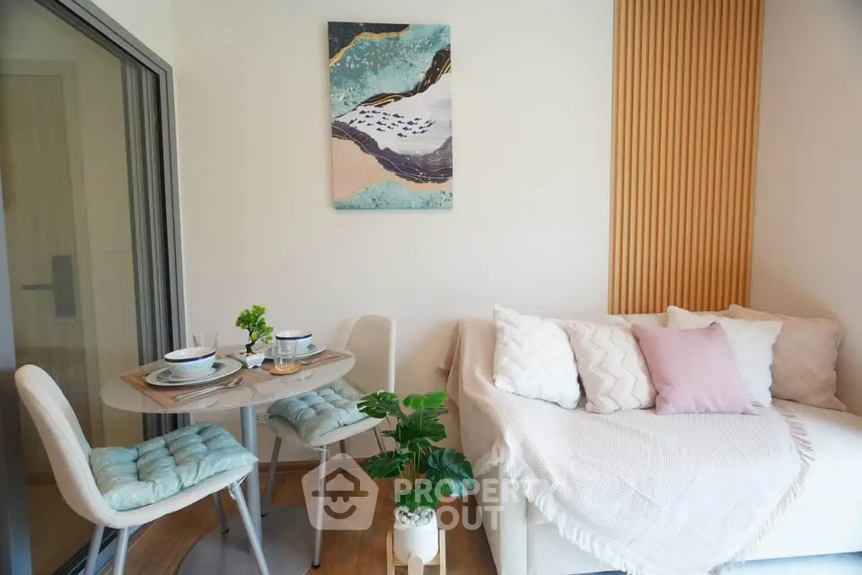 Chic modern living room with cozy sofa and stylish dining area