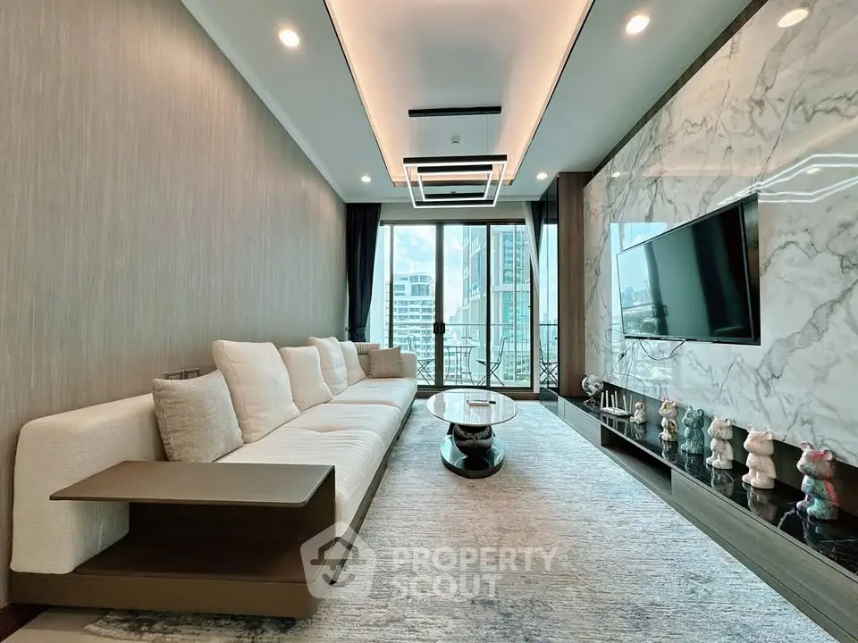 Luxurious modern living room with elegant marble wall and city view