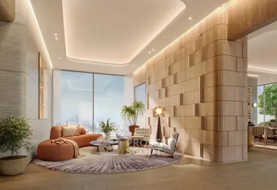 Luxurious modern living room with panoramic city view and elegant decor