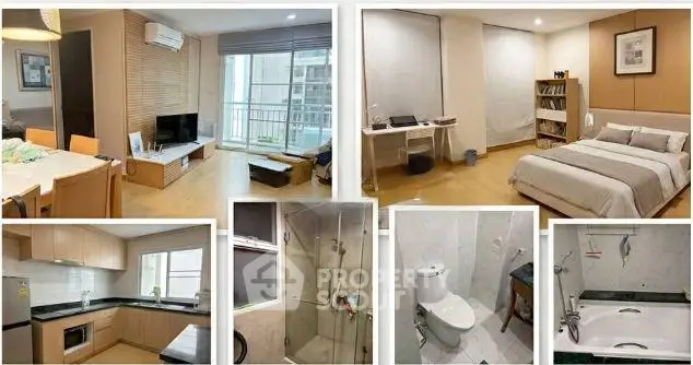 Modern apartment interior with spacious living room, cozy bedroom, sleek kitchen, and stylish bathroom.