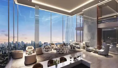 Luxurious high-rise living room with panoramic city views and elegant modern decor.