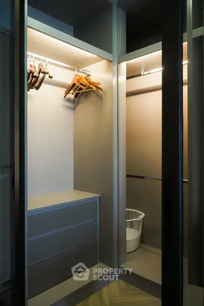 Spacious walk-in closet with modern design and ample storage space.
