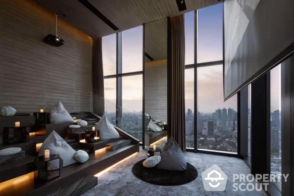 Luxurious penthouse with panoramic city views and modern seating area