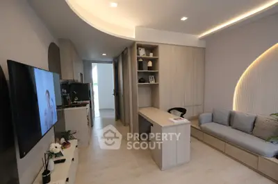 Modern living room with sleek design and built-in storage solutions