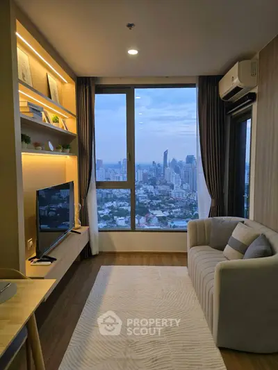 Modern living room with stunning city view and stylish decor