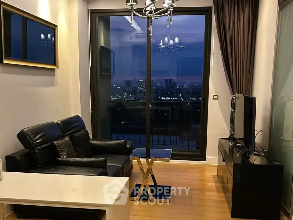 Stylish living room with city view, modern furniture, and elegant lighting