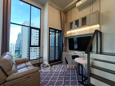 Luxurious modern living room with high ceilings and stunning city view
