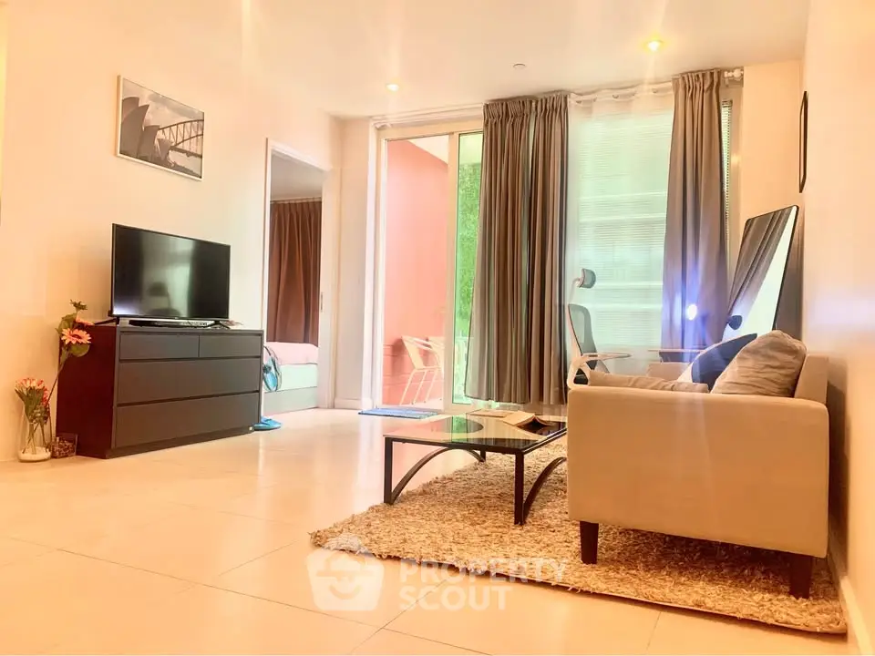 Spacious modern living room with sleek furniture and natural light