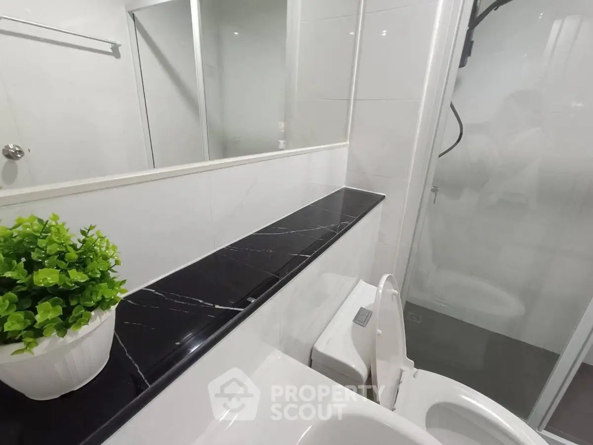 Modern bathroom with sleek design, featuring a glass shower, elegant black countertop, and a touch of greenery.