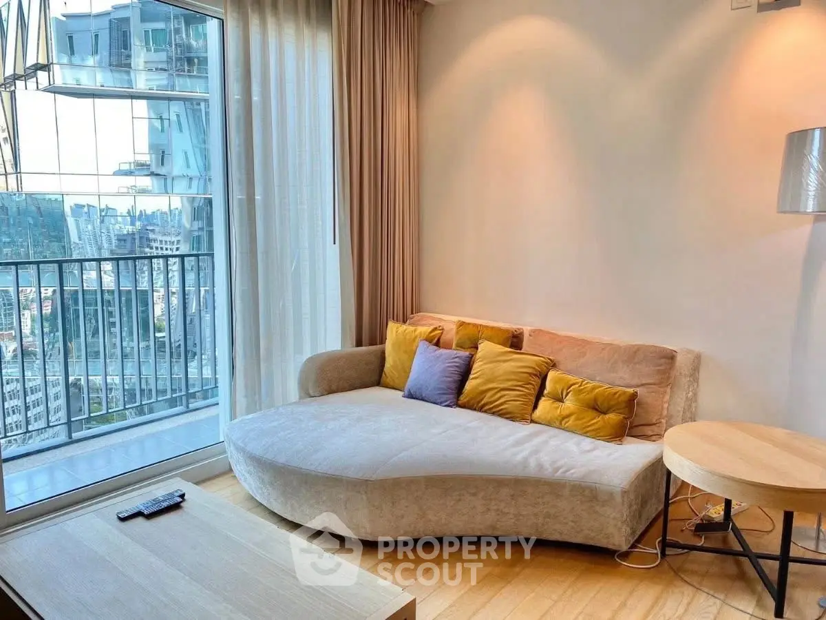 Modern living room with stylish sofa and city view from large window
