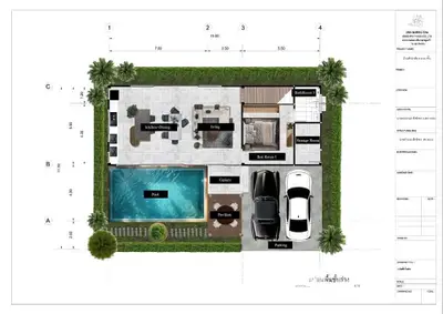 Modern villa floor plan with pool, parking, and lush garden in a serene setting.