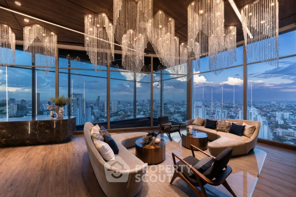 Luxurious penthouse living room with panoramic city views and elegant chandeliers