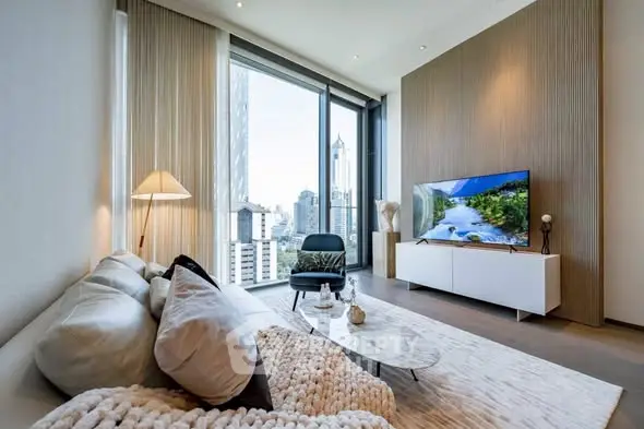 Luxurious modern living room with stunning city view and elegant decor