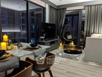 Luxurious modern living room with elegant decor and ambient lighting, featuring floor-to-ceiling windows and stylish furniture.