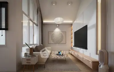 Modern living room with sleek design, large TV, and stylish decor in a bright apartment.