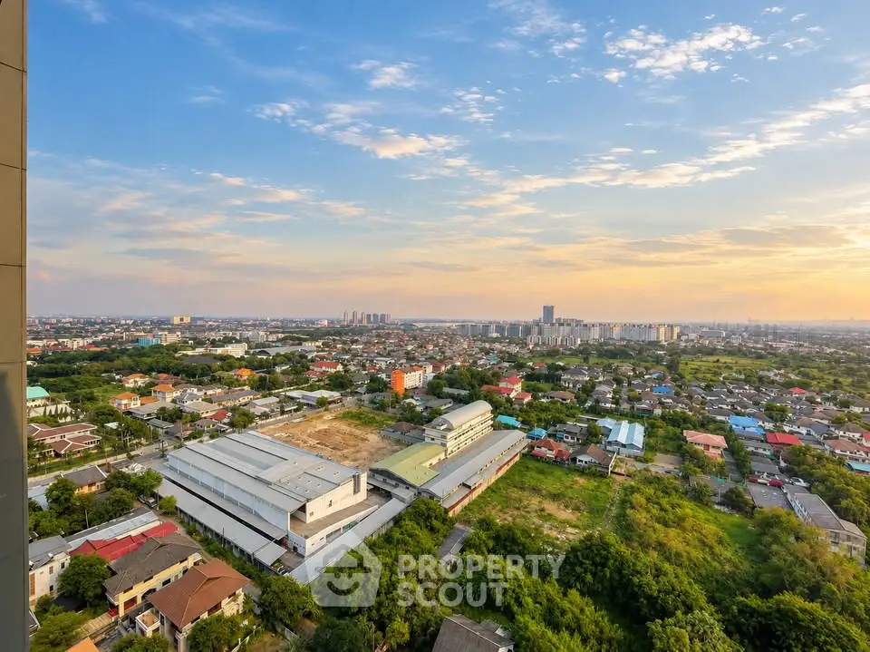 Stunning aerial view of urban landscape with sprawling cityscape and lush greenery at sunset.