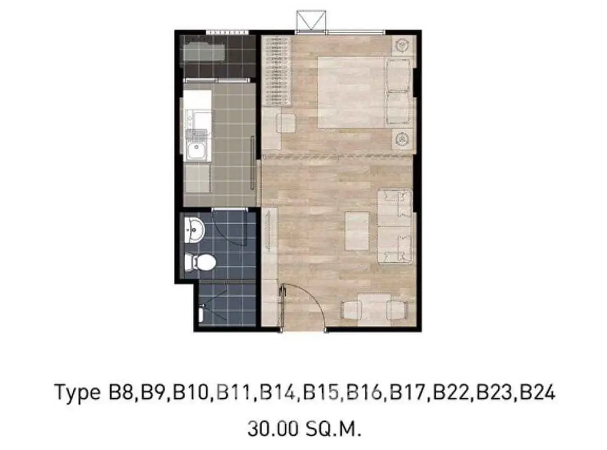 Compact 30 sqm floor plan with efficient layout for modern living.