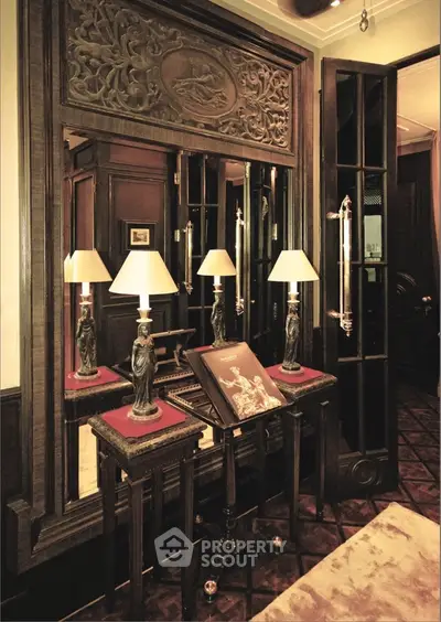 Luxurious interior with elegant wood paneling and decorative lamps, exuding classic sophistication.