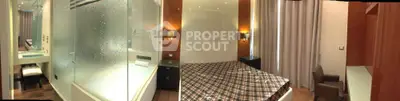 Luxurious bedroom with ensuite bathroom featuring modern design and elegant lighting