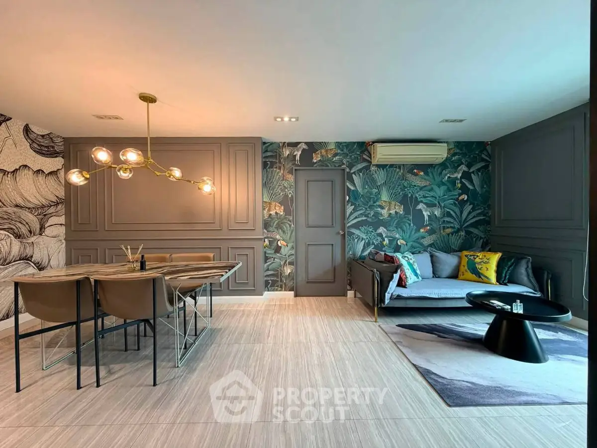 Stylish modern living room with chic decor and elegant dining area