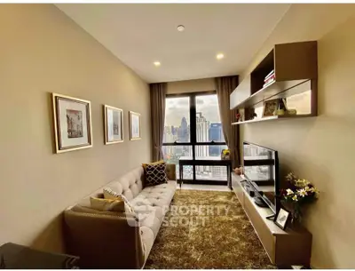 Stylish living room with city view, modern decor, and cozy ambiance.