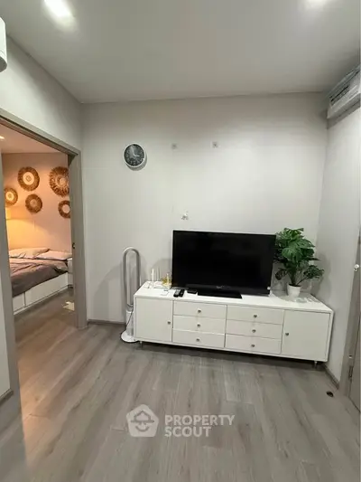 Modern living room with sleek TV stand and stylish decor