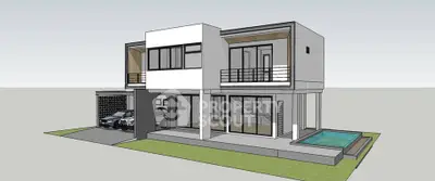 Modern architectural 3D render of a two-story house with pool and carport.