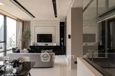 Luxurious modern living room with city view, elegant decor, and open layout for sophisticated urban living.