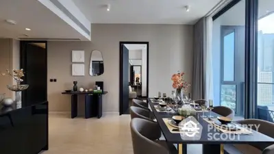 Elegant dining area with modern decor and city view in luxury apartment